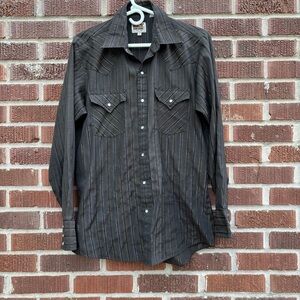Vtg ELY Cattleman Black &amp; Metallic Stripe Pearl Snap Western Shirt Mens